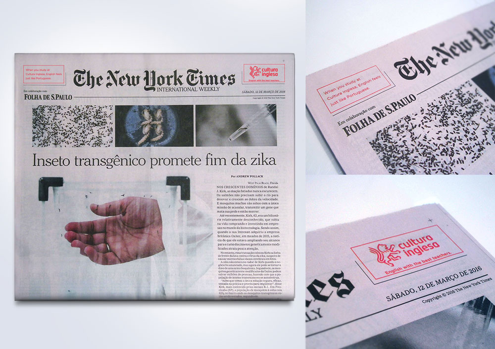 Anúncio da Cultura Inglesa brinca com tradução no caderno "The New York Times"